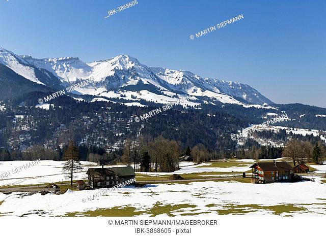 Village of Sibratsgfäll with Mt Winterstaude, Bregenz Forest, Vorarlberg, Austria