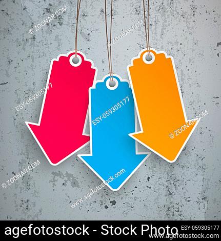 Infographic with colored price stickers arrow on the concrete background. Eps 10 vector file