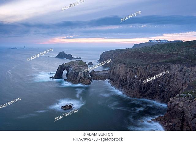 Sunset over the dramatic cliffs of Land's End, Cornwall, England, United Kingdom, Europe