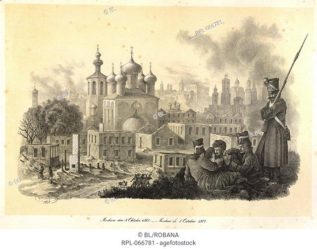 Moscow in October, 1812, French soldiers of Napoleon's Grand Armee, occupying Moscow in October, after it has been set alight