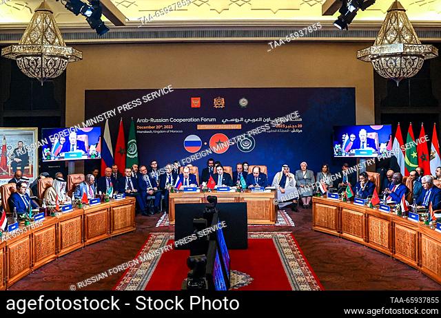 MOROCCO, MARRAKECH - DECEMBER 20, 2023: Russia's Foreign Minister Sergei Lavrov (L back) attends the 6th plenary session of the Russian-Arab Cooperation Forum