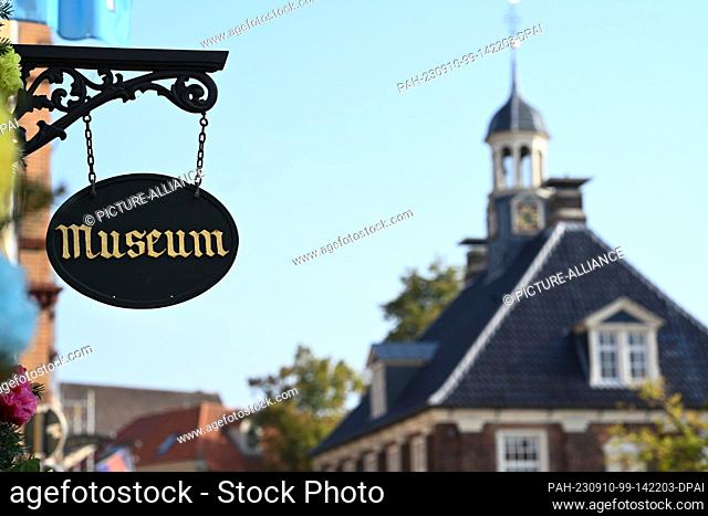 10 September 2023, Lower Saxony, Leer: The historic museum sign above the entrance to the Leer Museum of Local History, which is opening its doors to visitors...
