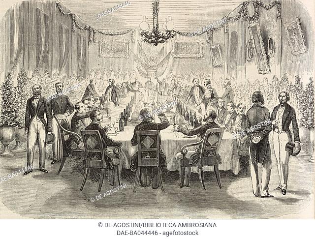 Banquet chaired by the General Consul of France, Jakarta, Indonesia, from a drawing by Engelu, illustration from L'Illustration, Journal Universel, No 768