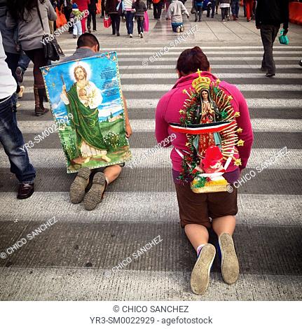 Pilgrims carrying religious images walk on their knees during the annual pilgrimage to the Basilica of Our Lady of Guadalupe in Mexico City, Mexico