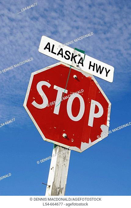 Stop sign on Alaska Highway ALCAN Al-Can British Columbia B.C. Canada