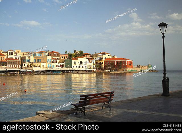 Traditional houses inside the harbor, Chania, Crete, Greek Islands, Greece, Europe