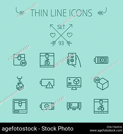 Technology thin line icon set for web and mobile. Set includes - 3D printer, 3d box, tv with speakers, battery. Modern minimalistic flat design