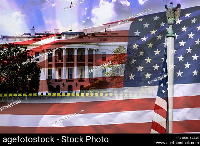 Great for 4th of July, independence day, Memorial Day. Composition with the White House, american flag and bald eagle statue