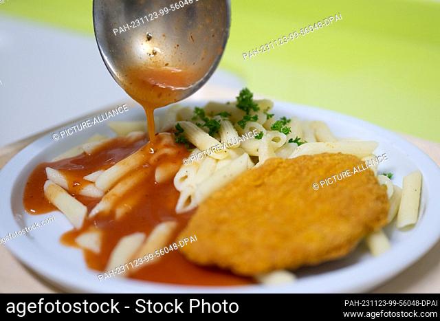 23 November 2023, Saxony, Dresden: A plate with a schnitzel and pasta is prepared in the kitchen at Dresden Municipal Hospital