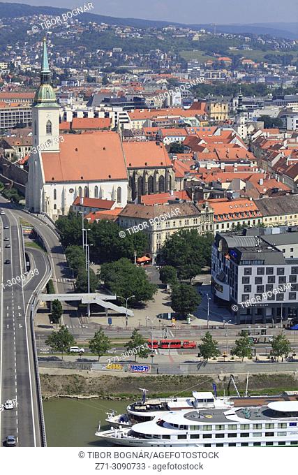 Slovakia, Bratislava, St Martin Cathedral, skyline, aerial view, Danube River, cruise ships,