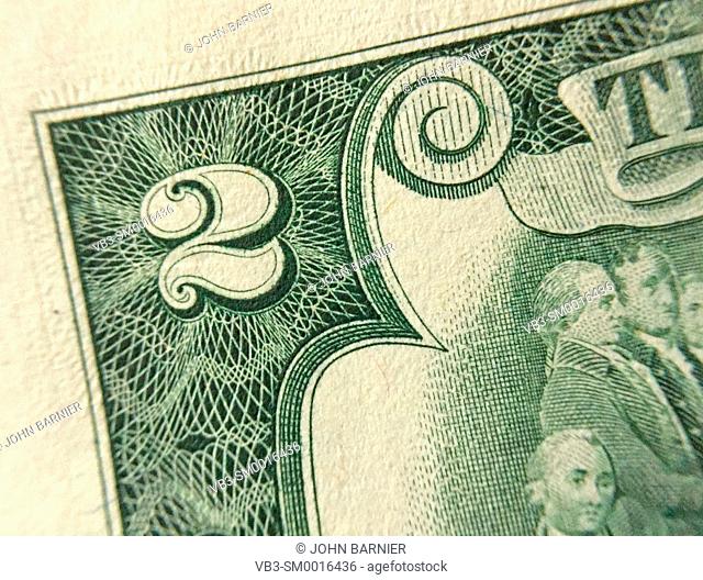 Closeup of the corner of an American $2 bill