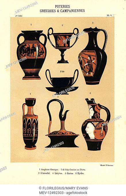 Greek and Campanian clay pottery: Greek amphora 1, two-handle cup or diota 2, wine jug or oenochoe 3, vase or lecythus 4, flask or guttus 5, and jug or hydra 6