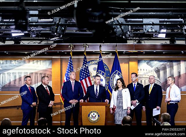 United States Representative Jim Banks (Republican of Indiana) and Republican Study Committee Chair Jim Banks speaks during United States House Minority Leader...
