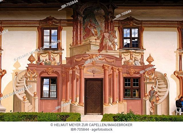 Lueftlmalerei, traditionally painted building facade, Pilatus House, Oberammergau, Upper Bavaria, Bavaria, Germany, Europe