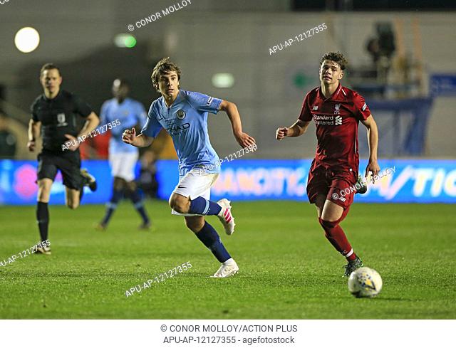 2019 FA Youth Cup Final Football Man City U18s v Liverpool U18s Apr 25th. 25th April 2019, Academy Stadium, Manchester, England; FA Youth Cup Final