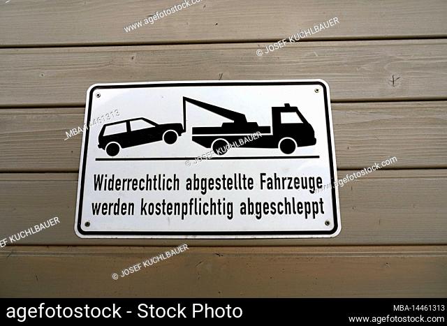 Germany, Bavaria, traffic, prohibition sign at a garage exit, parking prohibition, illegally parked vehicles, towing away