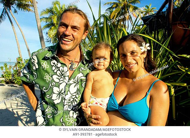 Teva Victor, son of Paul-Emile Victor, with family on an islet named 'Private island' where he runs a rental house. Bora Bora island