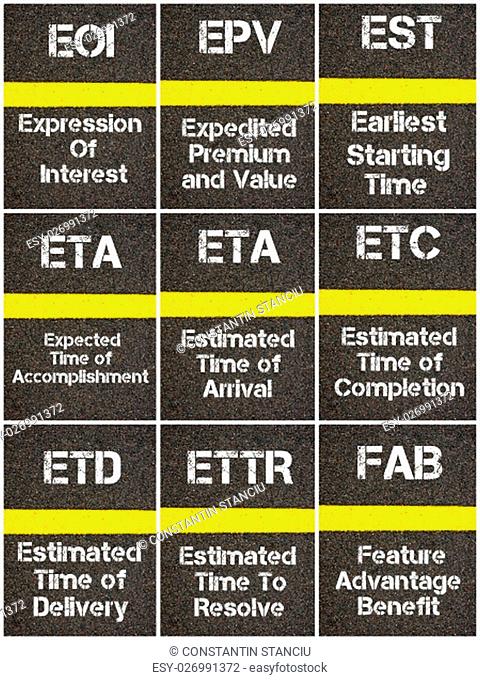 Photo collage of Business Acronyms written over road marking yellow paint line