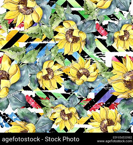 Watercolor bouquet flowers. Floral botanical flower. Seamless background pattern. Full name of the plant: sunflower, peony, flax