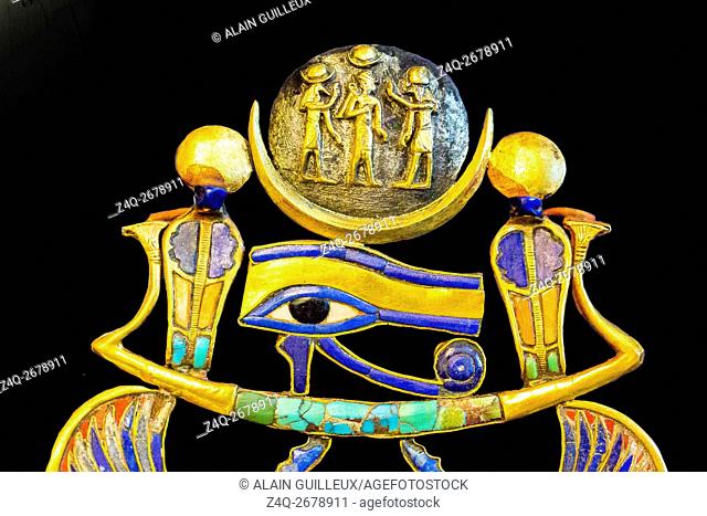 Egypt, Cairo, Egyptian Museum, Tutankhamon jewellery, from his tomb in Luxor, a part of a complex pectoral : On a barque, an Udjat eye holds a lunar disk