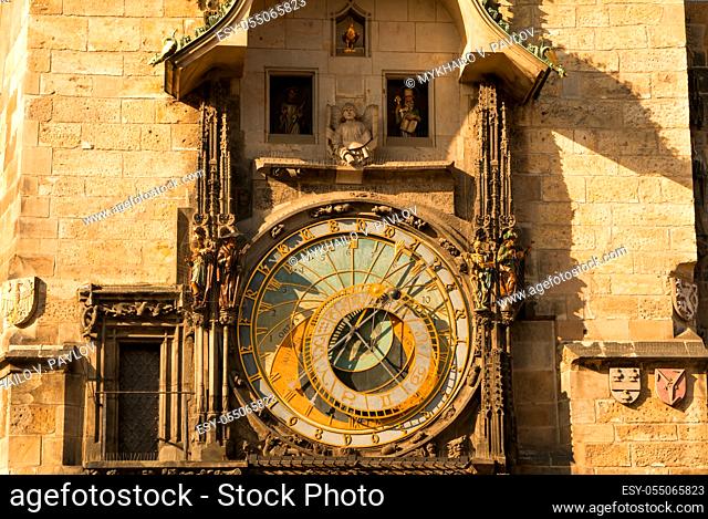 Czech Republic, Prague. The old town square. The ancient astronomical clock on the old town hall. Hourly moving figures
