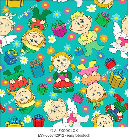 Seamless background: kids with gifts and hearts