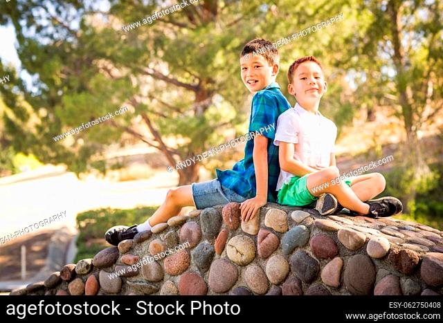 Outdoor portrait of biracial Chinese and Caucasian brothers
