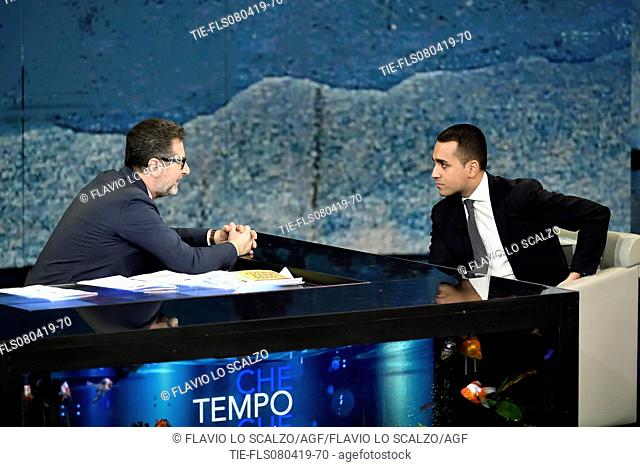 Fabio Fazio, Italian Deputy Prime Minister and Minister of Labor and Industry Luigi Di Maio during the tv show Che tempo che fa, Milan, ITALY-07-04-2019