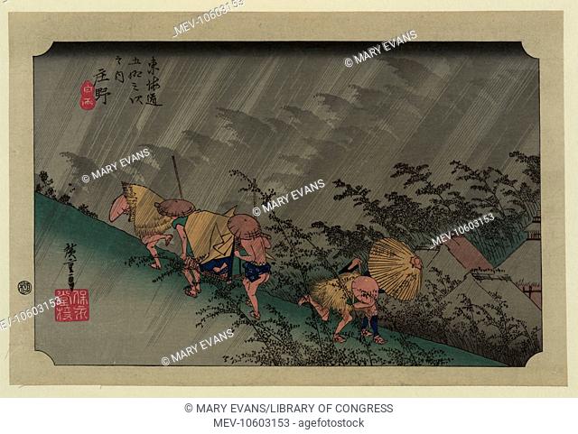 Shono. Print shows travelers caught in a rain storm above the village at the Shono station on the Tokaido Road. Date between 1833 and 1836, printed later