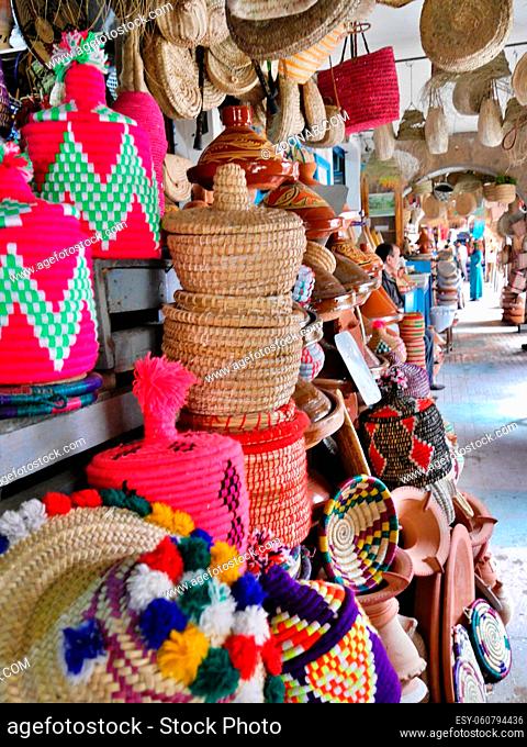 Close up of selection of colourful baskets on sale, Essaouira, Morocco. High quality photo