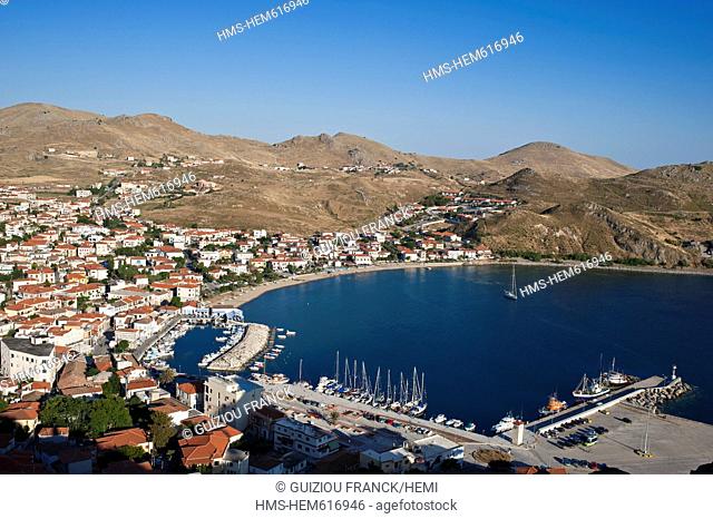 Greece, Lemnos Island, Myrina, capital town and main harbour of the island, the little fishing harbour from the Byzantine kastro of the 12th century