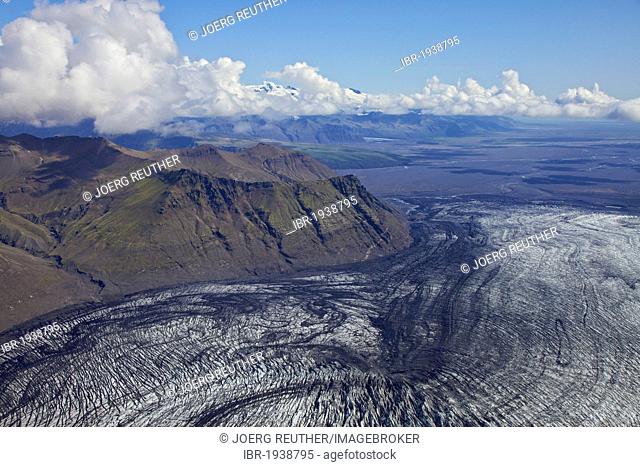 Aerial view, ash structures from the Grimsvoetn volcano in the ice of the tongue of the Vatnajoekull glacier, south Iceland, Europe
