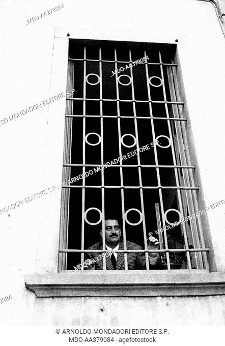 Pier Luigi Bellini delle Stelle at the window of the Dongo town hall . Italian partisan and lawyer Pier Luigi Bellini delle Stelle watching out the window of...