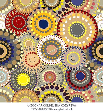 Seamless retro pattern with vivid colorful painted circles.Vintage retro vector ornament natural colored