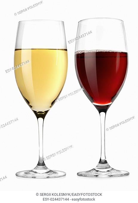 Red wine glass and white wine glass isolated on a white background