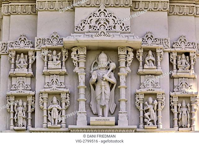 CANADA, TORONTO, 30.07.2011, Elaborate carvings of Hindu deities including several of Lord Hanuman adorn the BAPS Swaminarayan Hindu temple in Toronto, Canada