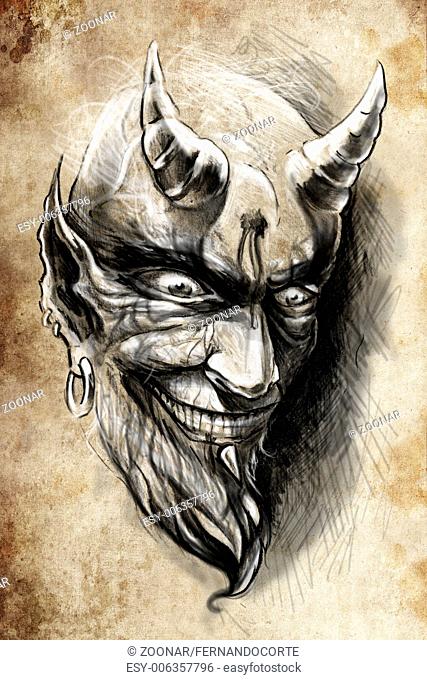 tattoo devil hell, illustration, handmade draw over vintage paper