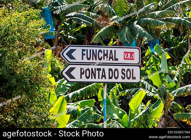 Boca da Encumeada, Madeira, Portugal - April 18, 2018: Road direction signs in mountains of Boca da Encumeada on Madeira Island. Portugal
