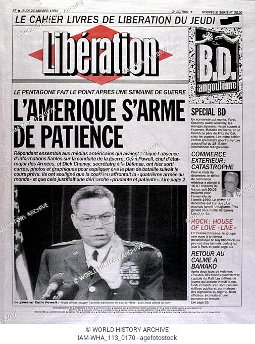 Headline in 'Liberation' a French newspaper, 24th February 1991, during the Gulf War (2 August 1990 - 28 February 1991). codenamed Operation Desert Shield and...