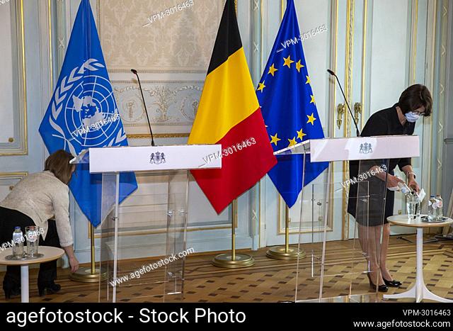 A room is prepared fot UN Secretary-General Guterres and Belgian Prime Minister De Croo to hold a press conference after a diplomatic meeting in Brussels