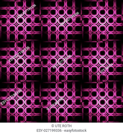 Abstract geometric seamless background. Regular dark circles pattern in pink, magenta, violet and purple shades on dark brown, blurred
