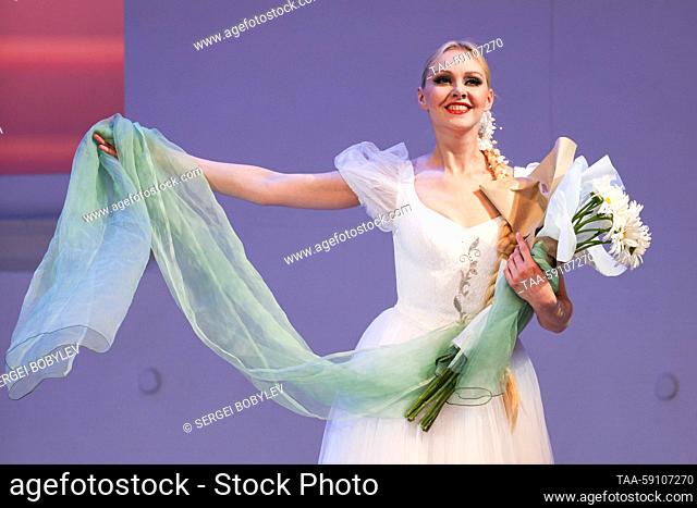 RUSSIA, MOSCOW - MAY 15, 2023: Ballet dancer Lyudmila Grigorevskaya of the Berezka State Academic Choreographic Ensemble acknowledges the audience after a...