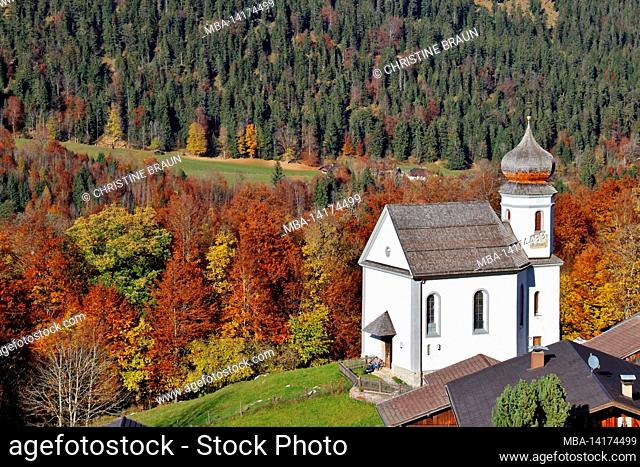 Kirchdorf Wamberg, St. Anna church, district of Garmisch-Partenkirchen, Werdenfelser Land, Upper Bavaria, Bavaria, Germany, autumn, Europe