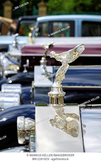 Row of Rolls-Royce radiator mascots Spirit of Ecstasy also known as Emily, Classics meets Barock classic car meeting, Ludwigsburg Palace