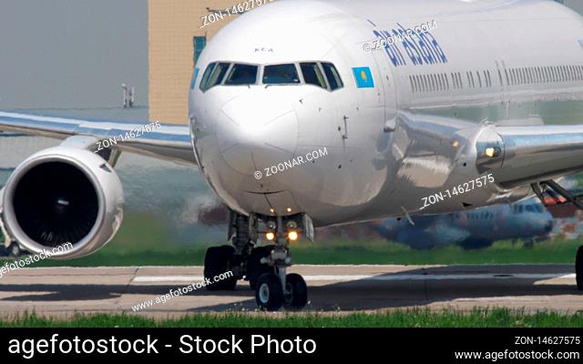 ALMATY, KAZAKHSTAN - MAY 4, 2019: Air Astana Boeing 767 departure, Almaty International Airport, Kazakhstan