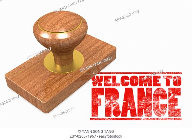 Red rubber stamp with welcome to France image with hi-res rendered artwork that could be used for any graphic design