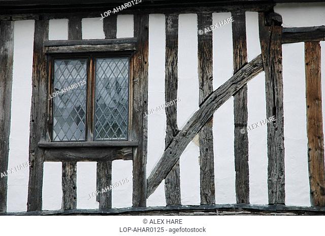 England, Suffolk, Lavenham, The tudor beamed facia of a house in the Suffolk village of Lavenham