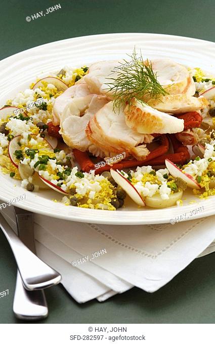 Potato salad with freshwater crayfish