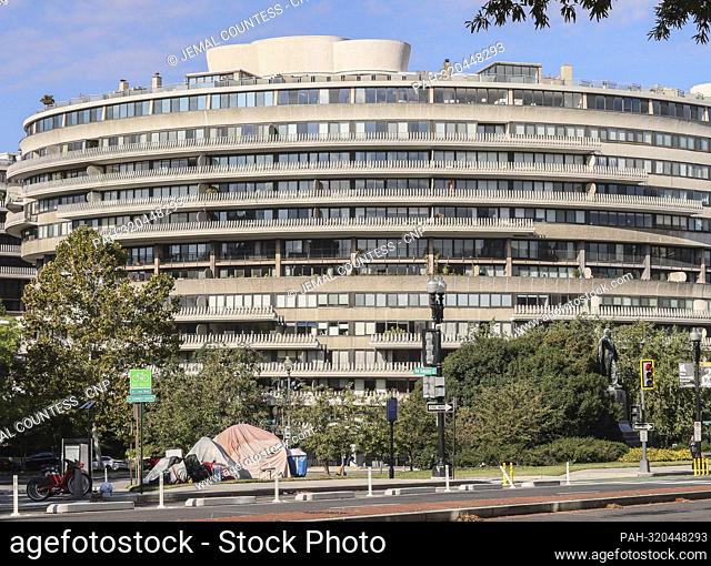 A large tent that is part of a multiple tent homeless encampment can be seen on Virginia Ave. NW across from the Watergate Hotel in the Foggy Bottom section of...