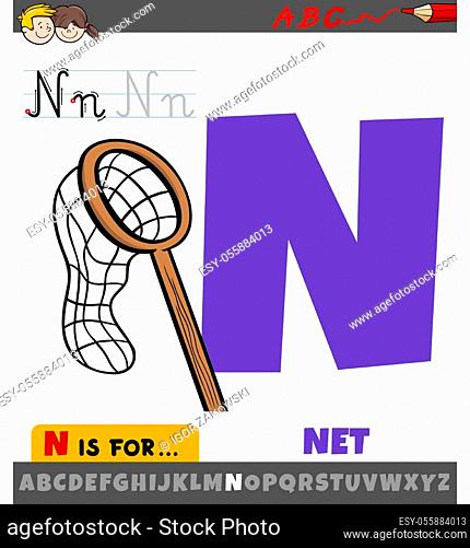 Educational cartoon illustration of letter N from alphabet with net for children